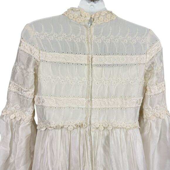 Vintage Prairie Cottagecore Victorian Bishio Sleeve Embroidered Ivory Dress XS - Picture 13 of 14